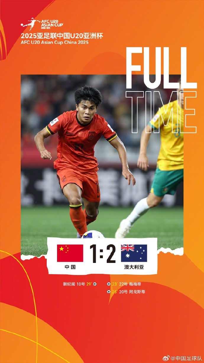 U20亞洲杯小組賽A組第三輪，中國隊1比2負于澳大利亞隊