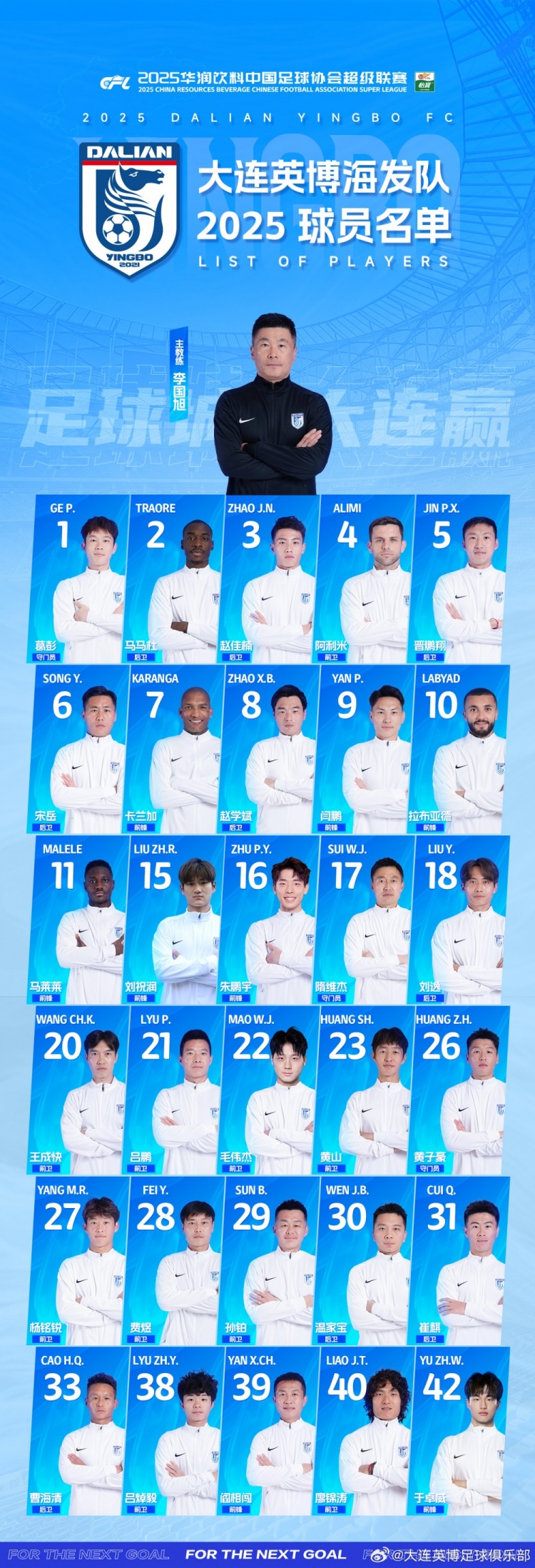 大連英博一線隊(duì)名單：10號拉布亞德領(lǐng)銜五外援，共30名球員入選