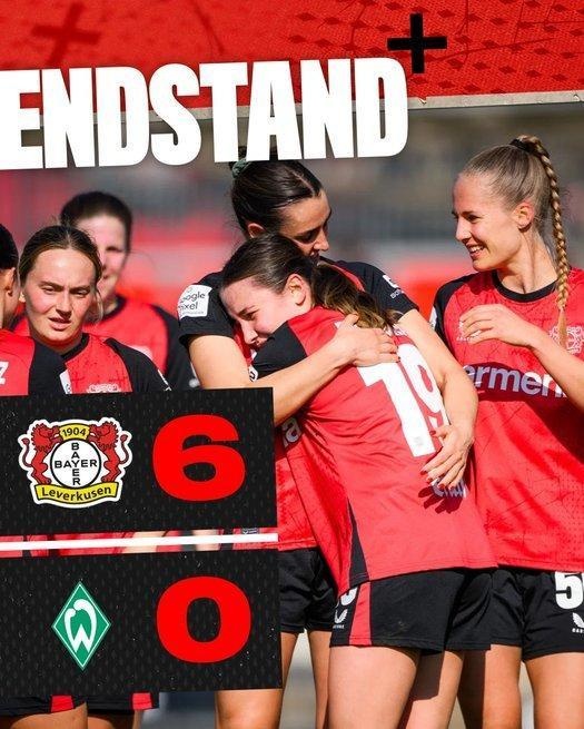 勒沃庫(kù)森女足6-0云達(dá)不來梅女足，沈夢(mèng)露首發(fā)出場(chǎng)59分鐘