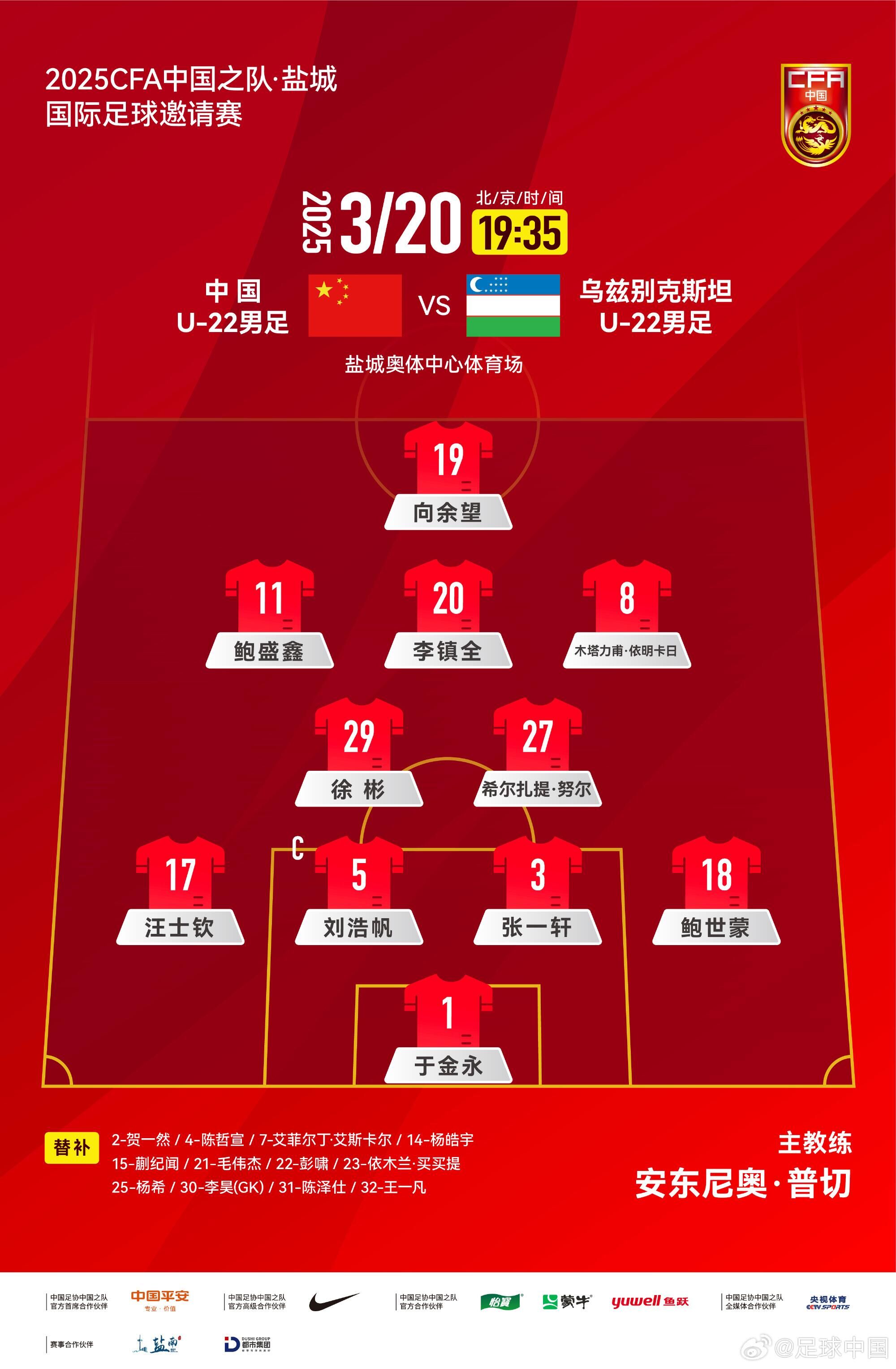 中國U-22男足VS烏茲別克斯坦U-22男足，中國隊首發(fā)名單出爐