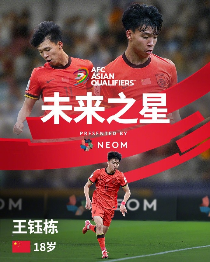 亞洲杯官方社媒發(fā)布王鈺棟個人海報：青年軍的旗幟，飄揚在前哨